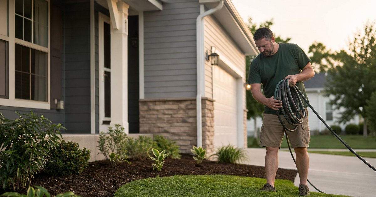 A freshly mowed and edged front lawn with new mulch beds in front of a modest suburban home, a homeowner coiling a garden hose near the driveway, early evening light