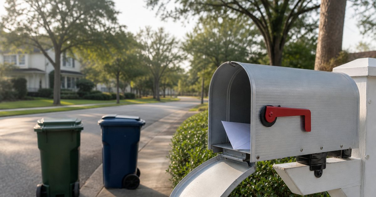 A sealed plain envelope resting in an open mailbox at the end of a driveway, two trash cans standing at the curb beside it, a tidy suburban street with trees in the morning