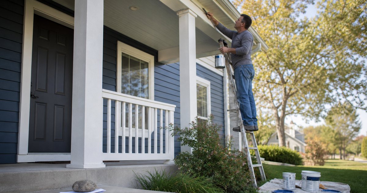A homeowner on a ladder repainting the trim of a suburban house, paint cans on the lawn, a folded plain envelope tucked under a rock on the porch step, clear afternoon sky
