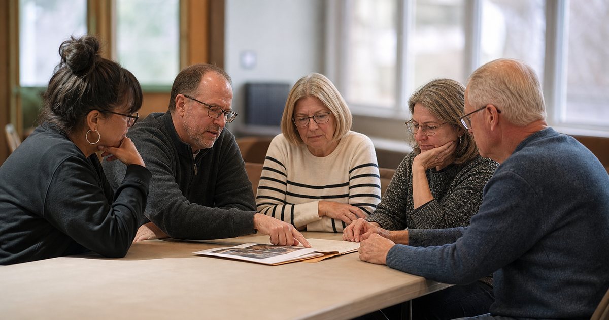 Five board members seated around a folding table in a community clubhouse reviewing a manila folder of printed photos, one person pointing at a page, late afternoon light through large windows