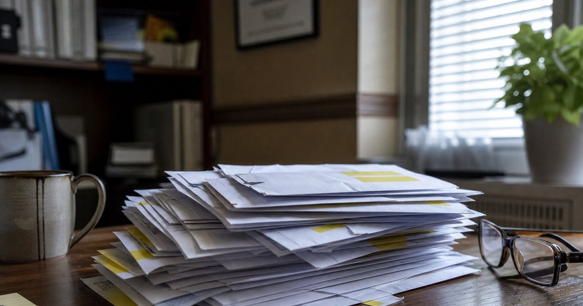 A stack of plain sealed envelopes piled on a wooden desk in a small community management office, a coffee mug and reading glasses nearby, morning light through blinds
