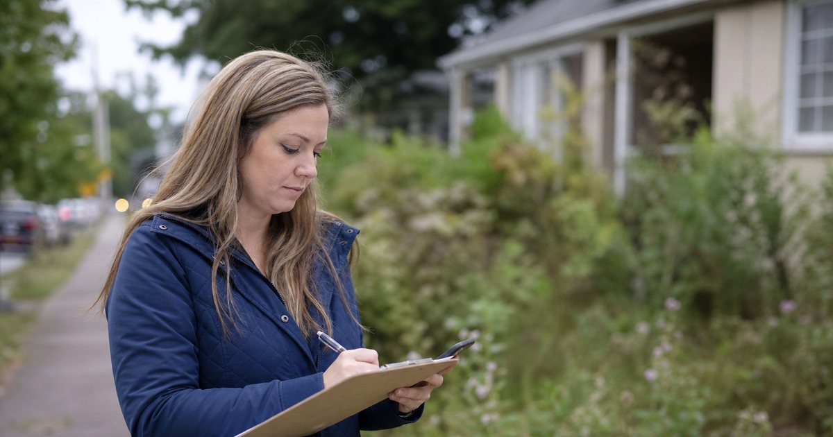 A community manager standing on a sidewalk in a suburban neighborhood holding a clipboard, a phone in the other hand, a house with an overgrown front yard in soft focus behind