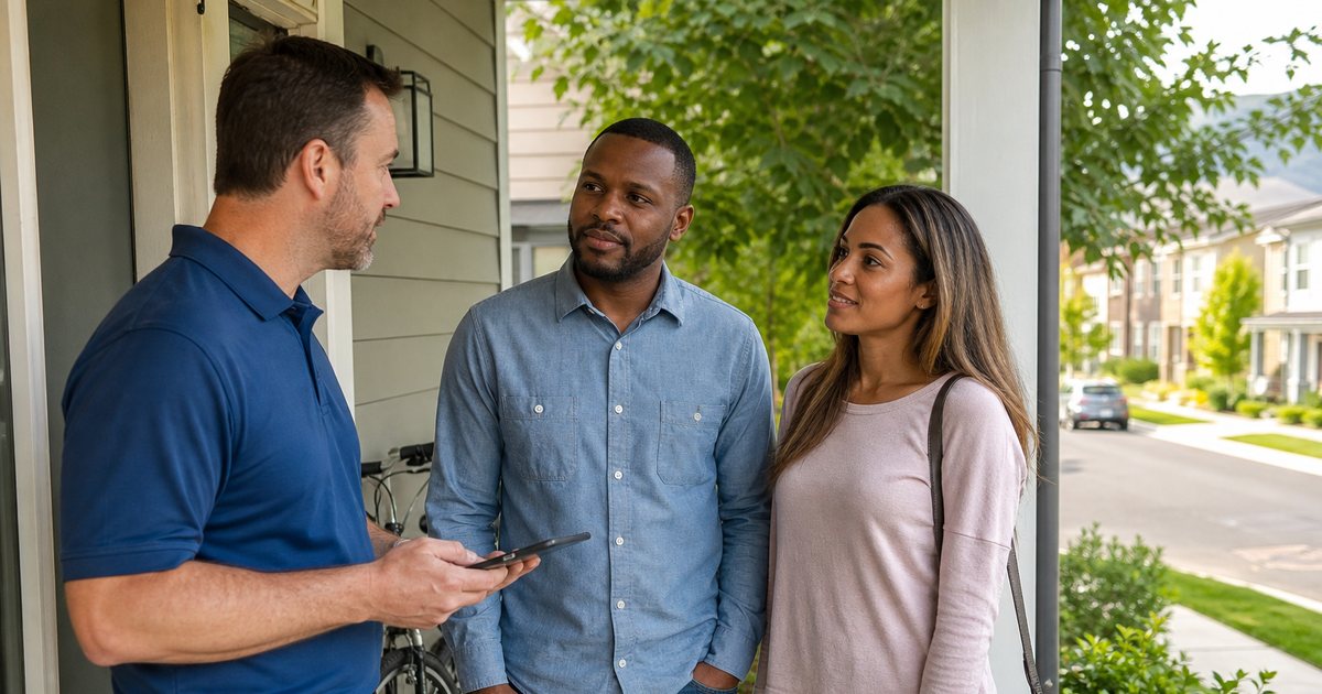 A property manager in a polo shirt talking with a young couple on the front porch of a townhouse, a moving box and a bicycle visible by the door, suburban street in the background